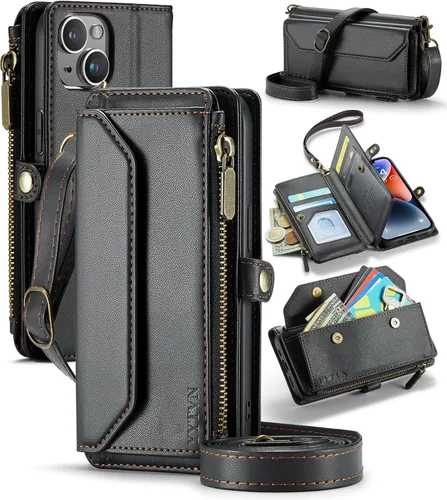 Funda tipo cartera para iPhone 13 con tarjetero con cremallera y correa de cordón cruzado y correa de muñeca, bloqueo RFID, de piel sintética, Negro