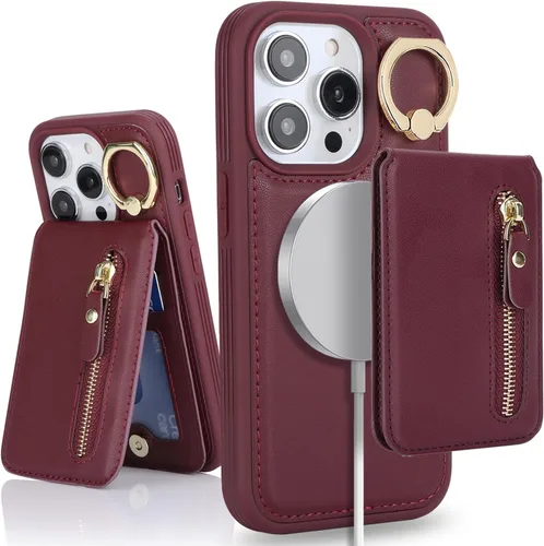 Miniatura 18 de para iPhone 14 Funda con soporte magnético Magsafe compatible, llavero de cuero PU plegable con soporte desmontable, funda tipo cartera 2-en-1