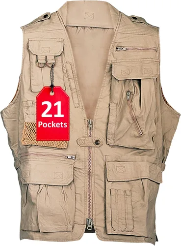 Miniatura 19 de Humvee - Chaleco utilitario con 21 bolsillos, para viajes, safari, caza, camping, 100% algodón, chaqueta táctica para hombres y mujeres