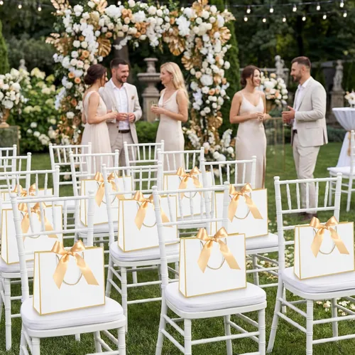 Miniatura 5 de Silkfly 12 bolsas de regalo con asas para dama de honor, 12 x 10 x 4 pulgadas, elegantes bolsas de regalo de bienvenida de boda con lazo para Blanco