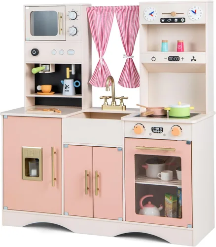 Miniatura 9 de INFANS Juego de cocina de niños, juego de cocina de juguete con máquina de café, estufa, fregadero removible, microondas, gabinete