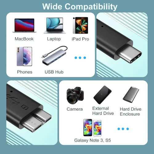 Miniatura 7 de Cable micro B a USB C, cable de disco duro externo USB 3.1 Gen1 5Gbps cable de repuesto de cámara de transferencia de datos compatible con Seagate