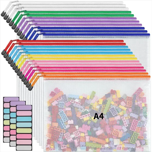 Miniatura 10 de JARLINK Paquete de 36 unidades tamaño carta A4 10 colores con cremallera de malla para documentos, bolsas de malla para juegos de mesa
