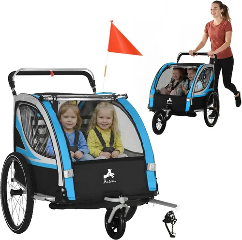 Miniatura 10 de Aosom Remolque de bicicleta de bebé 3 en 1 para niños, 2 plazas, cochecito de bicicleta de alta visibilidad para carro pequeño, accesorio de Rojo