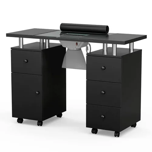 Paddie Mesa de manicura, estación de mesa de escritorio de maquillaje de uñas con parte superior de vidrio para tecnología con ventilación Negro