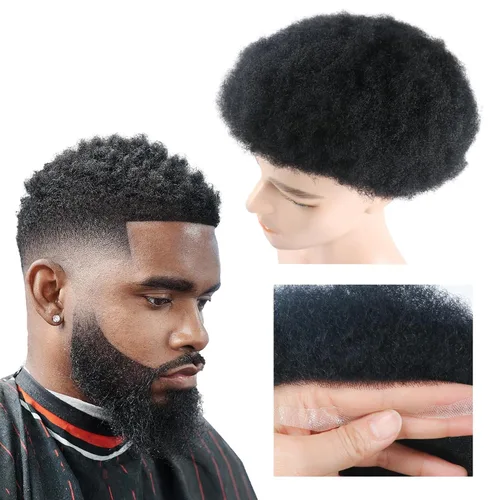 Pelucas Afro Rizadas Toupé para Hombres Pelucas para Hombre Afroamericano Negro Unidad de Cabello Masculino Negro Rizado Afro Tejido Masculino