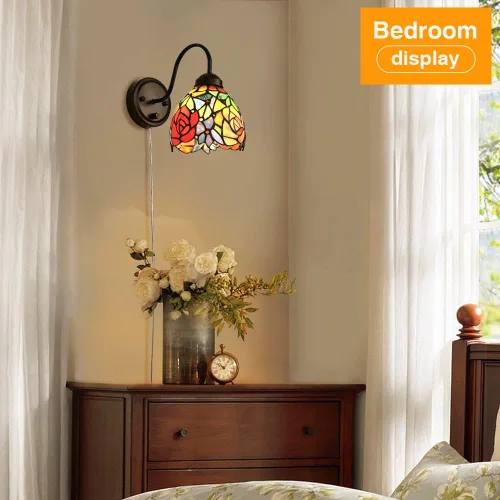 Miniatura 5 de Tiffany - Lámpara de pared para mesita de noche con interruptor regulable, aplique de pared de cuello de ganso vintage industrial con cable