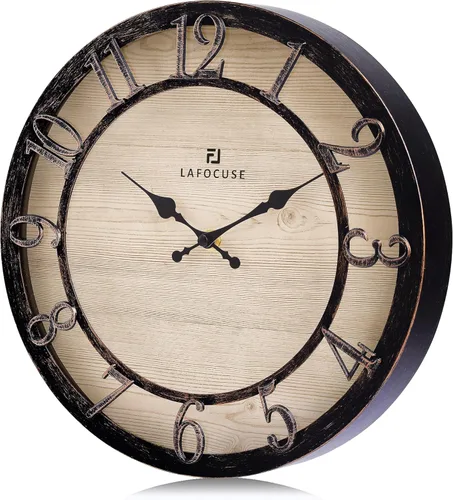 Miniatura 6 de Lafocuse Reloj de pared negro silencioso de 12 pulgadas, funciona con pilas, reloj de pared de granja para cocina, sala de estar, decoración rústica