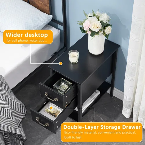 Miniatura 5 de VECELO Mesas auxiliares, mesita de noche estrecha con cajones y estante de almacenamiento, mesita de noche moderna para espacios pequeños, sala