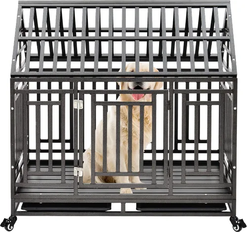 Miniatura 7 de Jaula para perros de alta resistencia, corralito de metal grande y fuerte para perros grandes y medianos con cuatro cerraduras resistentes y cuatro