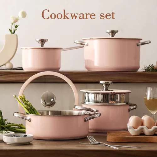 Miniatura 7 de Juego de utensilios de cocina de acero inoxidable de 9 piezas para cocina familiar, grado 304, exterior recubierto de cerámica, ollas y sartenes
