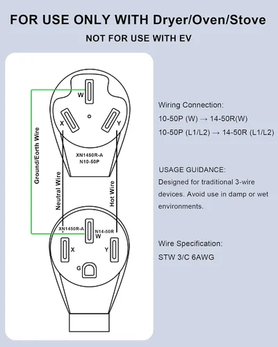 Miniatura 3 de Convertidor de adaptador de enchufe de secadora/horno/estufa, 6AWG 50A, 1.6 pies, 4 clavijas a 3 clavijas, cable NEMA 10-50P a 14-50R STW 3/C
