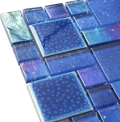 Miniatura 9 de Blujellyfish Azulejos de Mosaico de Vidrio Azul Patrón Francés Láminas de Mosaicos Cuadrados Vidrio Cristal Azul Cobalto Iridiscente Cerámica