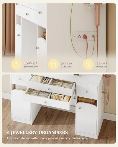Miniatura 4 de Escritorio de tocador con espejo, tocador de maquillaje con luces LED, mesa de vestir con regleta de enchufes, 4 cajones, mesa grande de 42.5