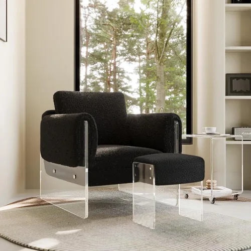 Miniatura 5 de Taburete de tocador y reposapiés - Moderno taburete de tocador y reposapiés con patas de lana y acrílico para sala de maquillaje, sala de estar