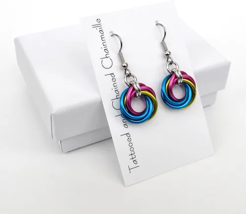 Miniatura 6 de Pansexual pride earrings, handmade chainmail love knot jewelry; pink, yellow, blue