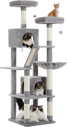 Miniatura 12 de PEQULTI Árbol para gatos de interior de 71 pulgadas con hamaca grande, torre alta para gatos grandes con condominio para 2 gatos, 2 perchas