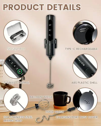 Miniatura 2 de Espumador de leche portátil recargable, mezclador de bebidas eléctrico de 3 velocidades con caja, espuma de 10 segundos para café, matcha, latte