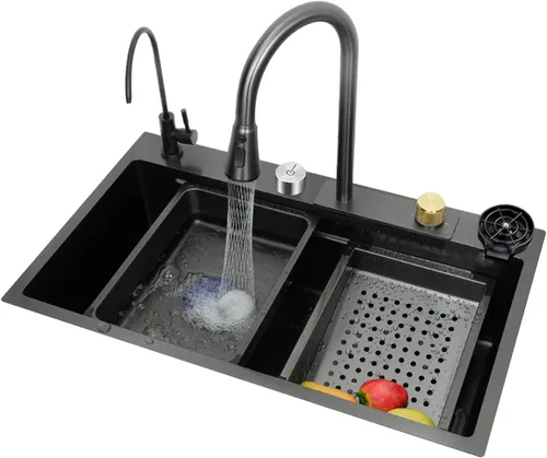Fregadero de cocina nano negro 304 de acero inoxidable 304, fregadero multiusos de preparación de barra de un solo tazón con grifo y montaje de