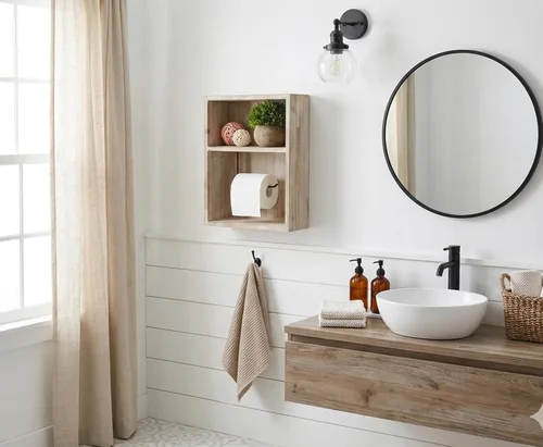 Miniatura 4 de Soporte de papel higiénico para montaje en pared, dispensador de rollo de papel de seda decorativo, estante flotante, gabinete empotrado