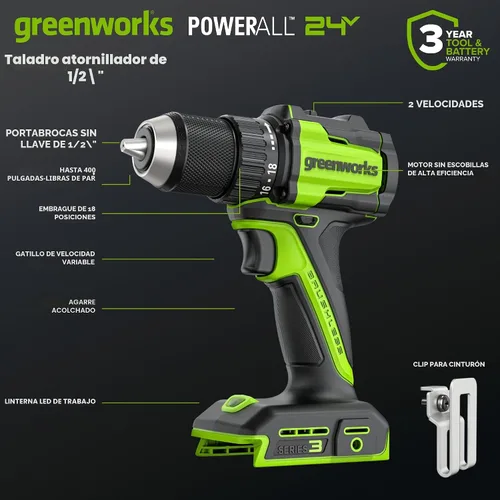Miniatura 6 de Greenworks - Taladro inalámbrico sin escobillas de 24 V, 400 pulgadas-libras más combo de destornillador de 1950pulgadas-libras, alto par, ligero