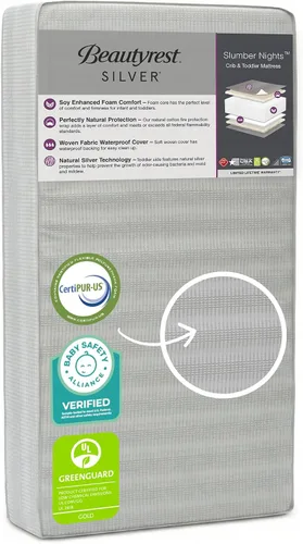 Beautyrest Silver Slumber Nights - Colchón para cuna de 2 etapas de doble cara y colchón para niños pequeños, color dorado, impermeable, núcleo de