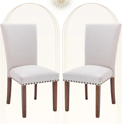 COLAMY Juego de 2 sillas de comedor tapizadas, sillas laterales estilo Parsons con ribete de cabeza de clavo y patas de madera maciza, cómoda tela