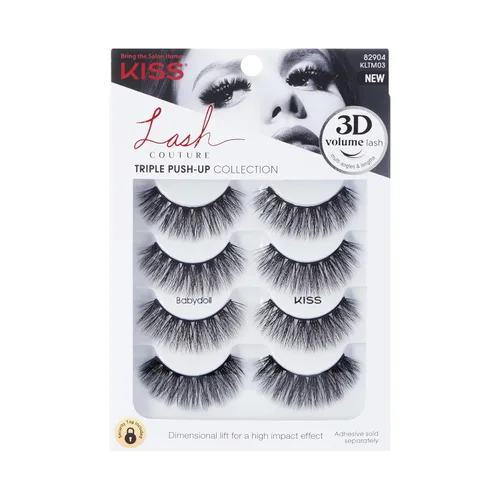 KISS Pestañas postizas Triple Push-Up, 'Babydoll', de 0.47 a 0.55 pulgadas, incluye 4 pares de pestañas postizas, fáciles de aplicar, racimos de