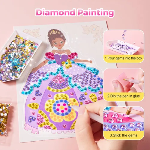 Miniatura 5 de Jar Melo Kit de Manualidades de Arte de Princesa 4 en 1, Manualidades con Papel Metálico Arte Divertido y Pintura de Gemas, Actividad DIY