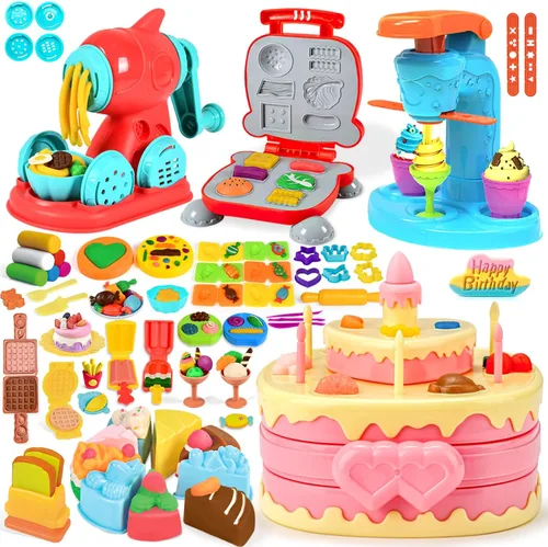 Miniatura 10 de SOCBTNSO Juego de masa 3 en 1, 59 piezas para niños de 4 a 8 años, kit de herramientas de masa con máquina para hacer helados, fideos