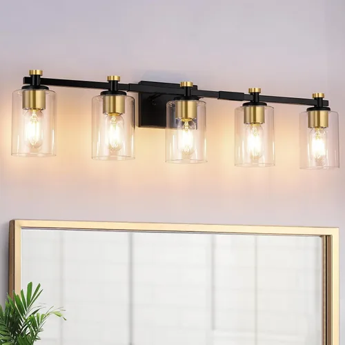 Miniatura 10 de Lámpara de Tocador de Baño de 3 Luces, Accesorios de Iluminación de Baño Negro con Pantalla de Globo de Vidrio Transparente, Aplique de Pared Negro