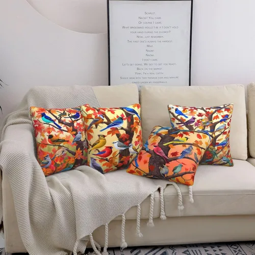 Miniatura 4 de Ouqiuwa Juego de 4 fundas de almohada coloridas con diseño de pájaros de 12 x 12 pulgadas, cuadradas, decorativas, con hojas de arce otoñales
