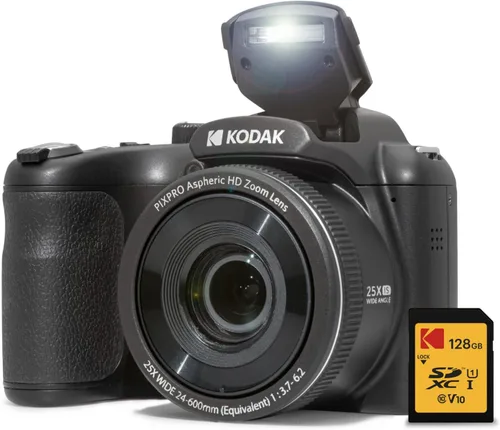 Kodak PIXPRO AZ255 Astro Zoom 16MP Cámara digital (negro) con paquete de tarjetas SDXC Kodak 128GB (10 artículos)