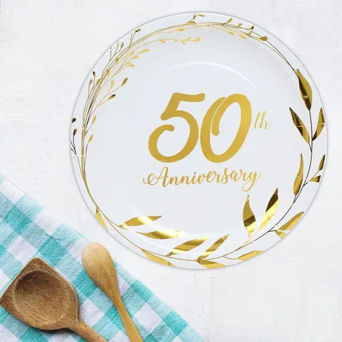 Miniatura 6 de Platos de papel de 50 aniversario – Suministros dorados para fiesta de celebración de boda, platos de postre de papel redondos desechables