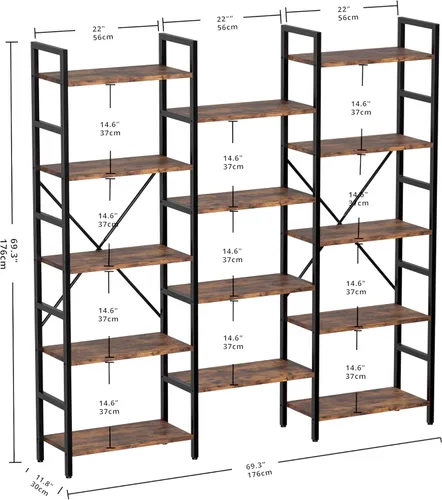 Miniatura 3 de IRONCK Librerías y estanterías de triple ancho de 5 niveles, estantería industrial grande, estantes abiertos con marco de metal para sala de estar