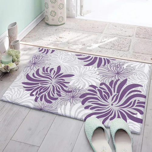 Tapete de felpa esponjosa absorbente para entrada de piso, patrón floral, suave, lanudo y antideslizante, alfombra de baño de flores moradas de