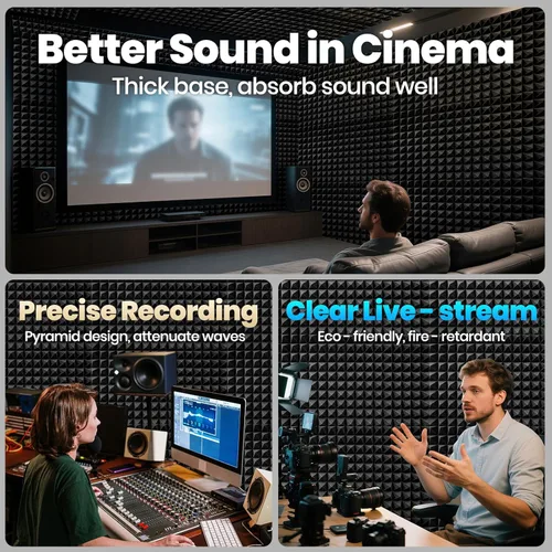 Miniatura 2 de Focusound Paneles acústicos, paquete de 50 unidades de 2 x 12 x 12 pulgadas con 300 adhesivos de doble cara, espuma piramidal a prueba de sonido