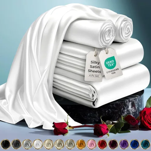 Miniatura 63 de DECOLURE Sábanas de satén para cama - Juego de 6 piezas de ropa de cama de lujo sedosa tamaño King - Más suave que la seda, sin arrugas con sábana