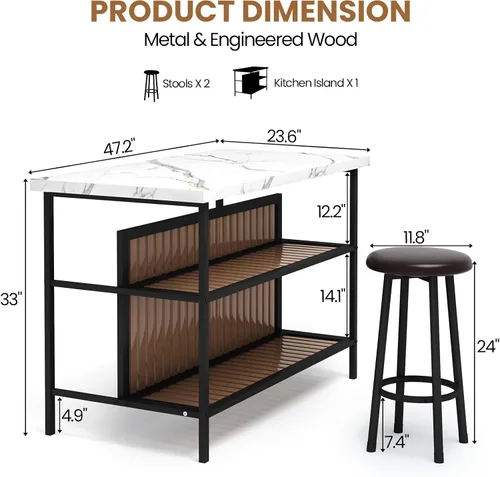 Miniatura 2 de DKLGG Isla de cocina con taburetes y almacenamiento, juego de mesa de comedor moderno para 2, juegos de cocina y comedor de 3 piezas, mesa de isla