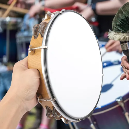 Miniatura 6 de Pandereta de 10 pulgadas para adultos, tambor musical de mano con doble jingles de metal, panderetas de mano para iglesia, baile, fiesta, decoración