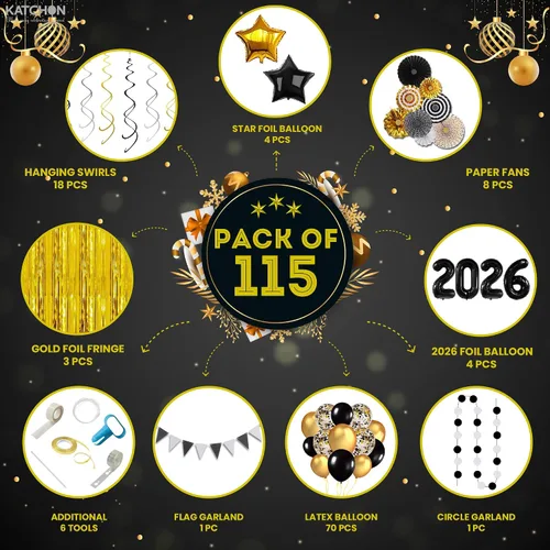 Miniatura 2 de KatchOn, Juego de decoraciones de Año Nuevo 2026 negro y dorado, paquete grande de 115 unidades, kit de arco de globos de Feliz Año Nuevo, globos