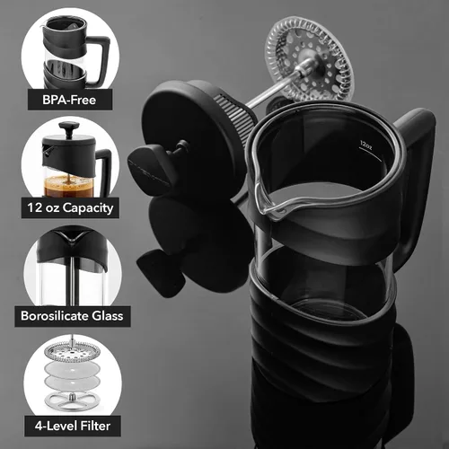 Miniatura 2 de OVENTE Cafetera de Prensa Francesa de 12 Onzas con Vidrio de Borosilicato Resistente al Calor y Sistema de Filtración de 4 Niveles de Acero