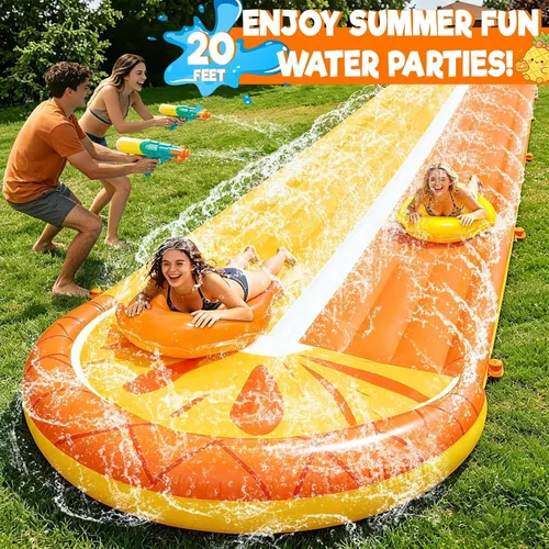 Miniatura 4 de iGeeKid Toboganes de agua de piña con 2 tablas de bodyboards para niños y adultos, juguetes de agua resistentes, aspersores, 2 carriles de carreras