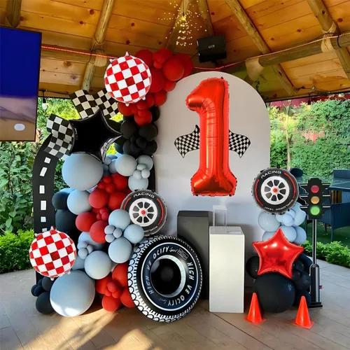 Miniatura 4 de Globos de auto de carreras para decoración de cumpleaños – Globos rojos de Mylar número 1 de 40 pulgadas – Globos rojos de aluminio rojo