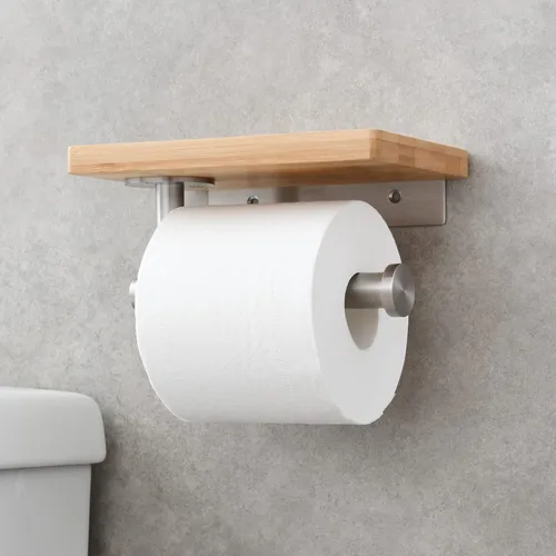 Miniatura 4 de Tecmolog Soporte de rollo de papel de acero inoxidable Soporte de pared para papel higiénico con estante de almacenamiento de madera, níquel Níquel