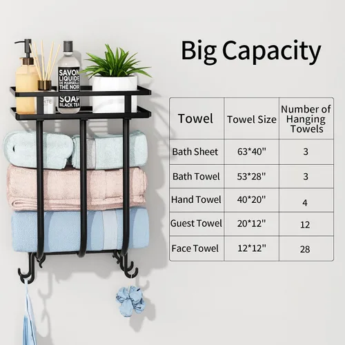 Miniatura 6 de Toalleros para baño, toallero montado en la pared con estante de metal y 4 ganchos para colgar, estante de toallas para baño pequeño, puede contener