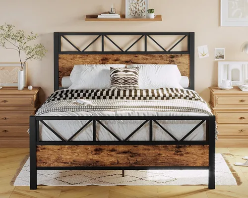 Miniatura 9 de LIKIMIO Base de cama Queen con cabecero industrial alto de 51.2 pulgadas, marco de cama de plataforma con soporte de metal fuerte, sólido y estable
