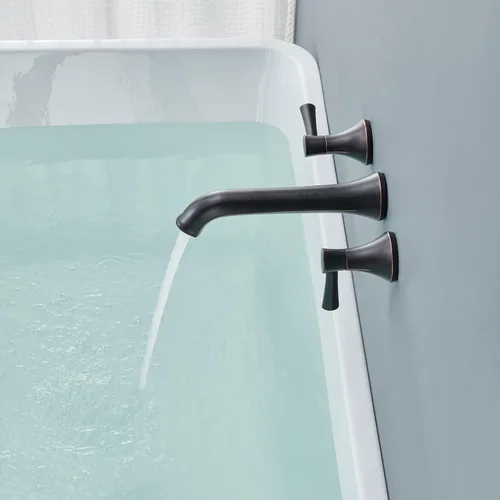 Miniatura 8 de Grifo de bañera de montaje en pared Qinkell, grifos de bañera de bronce cepillado en aceite para bañera romana, grifos de bañera de alto flujo