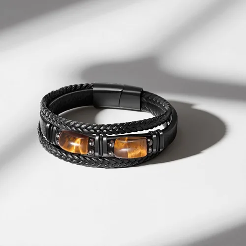 Miniatura 4 de Pulsera de cuero negro de ojo de tigre para hombre, piedra preciosa de ojo de tigre natural, joyería hecha a mano, pulsera de protección