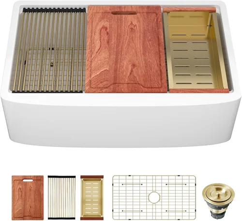 Miniatura 20 de Sarlai - Fregadero de cocina de granja blanco de 33 pulgadas, fregadero de 84 x 51 cm con delantal frontal de cerámica de porcelana vítrea